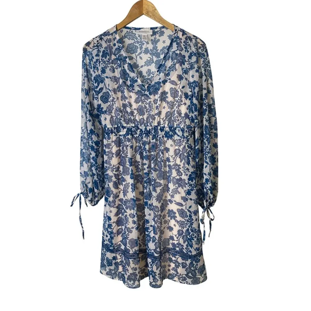 Motherhood Sheer Blue Floral Cottagecore Feminine Maternity Dress Size Small